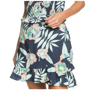 Roxy Face to Love Ruffle Mini Skirt Tropical Leaf Print Flirty Wrap Feminine M